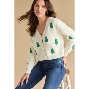 Forever 21 Cream Long Sleeve Christmas Tree V Neck Knit Cardigan Sz XL
